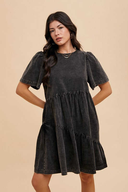 Annie Wear Mineral Washed Round Neck Short Sleeve Denim Dress - Sydney So Sweet