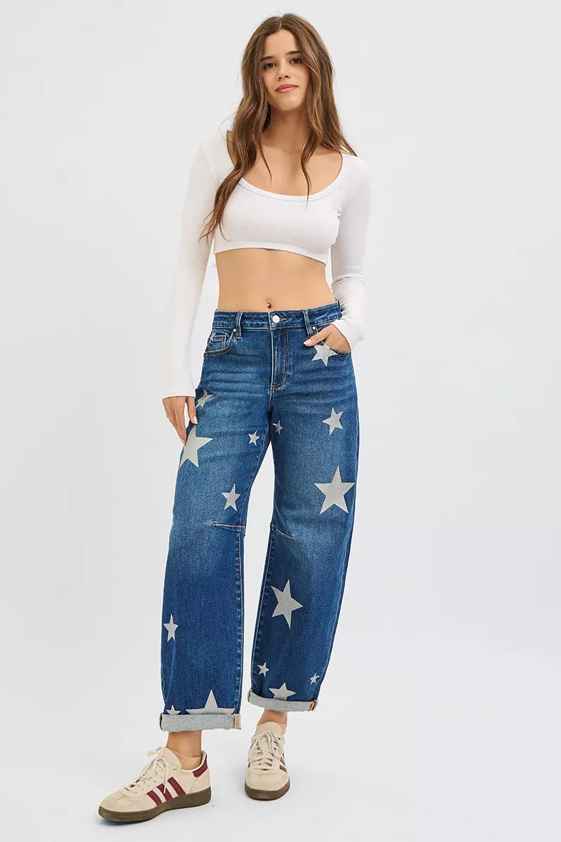 RISEN Mid Rise Ankle Length Relaxed Barrel Star Printed Jeans - Sydney So Sweet