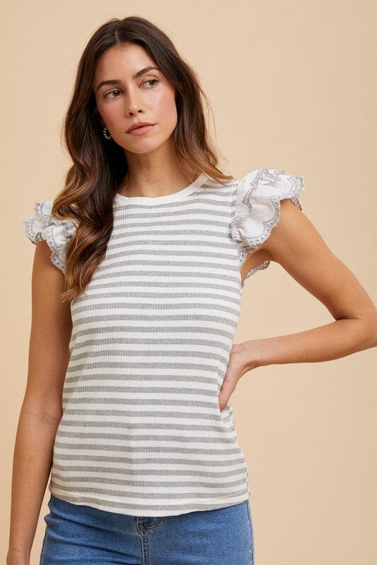 Annie Wear Ruffled Striped Round Neck Cap Sleeve Knit Top - Sydney So Sweet