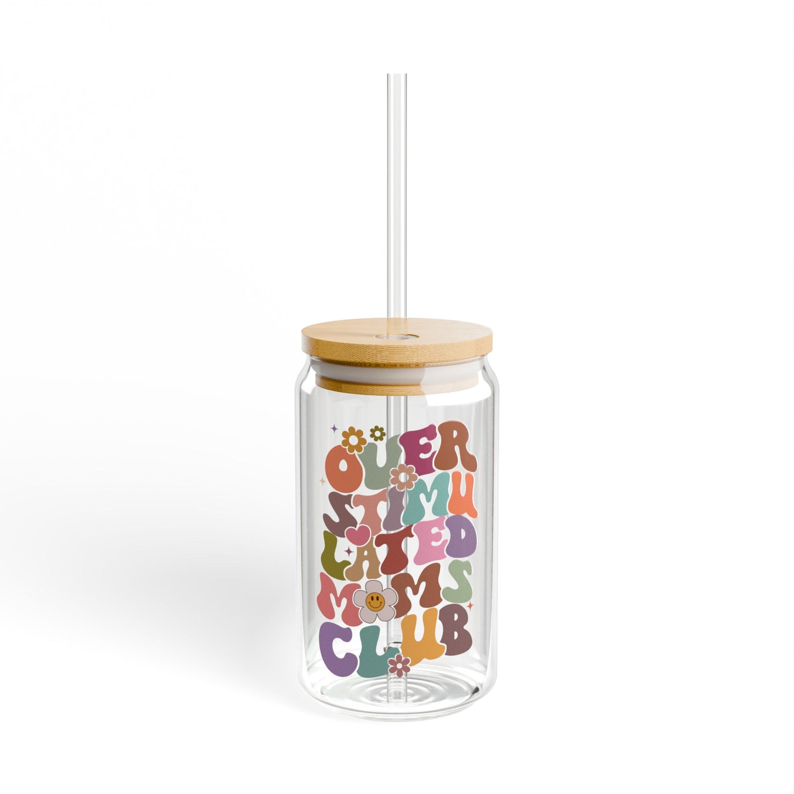 Overstimulated Moms Club Retro Sipper Glass 16oz Reusable Drink Jar with Lid & Straw