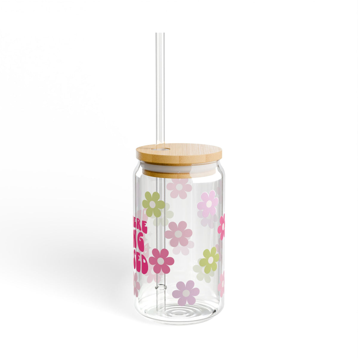 Out Here Being Blessed Retro Floral Sipper Glass 16oz — Reusable Drink Jar with Lid & Straw
