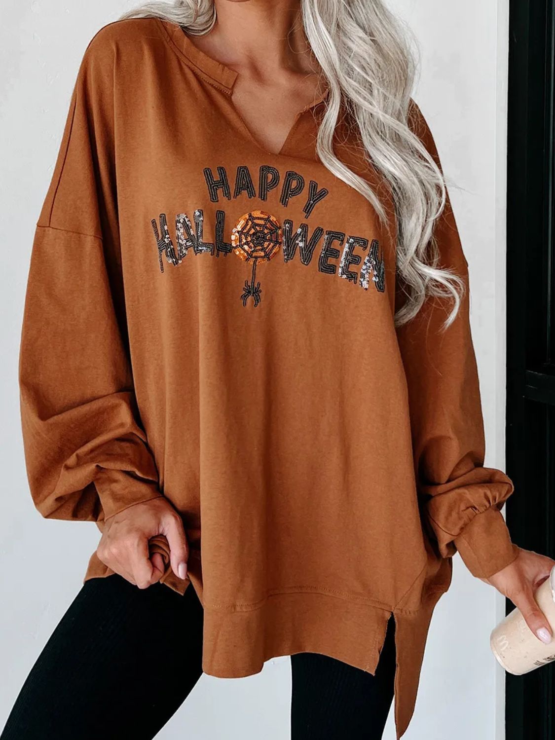 Happy Halloween Spider Women&#39;s Graphic Notched Long Sleeve Sweatshirt - Sydney So Sweet