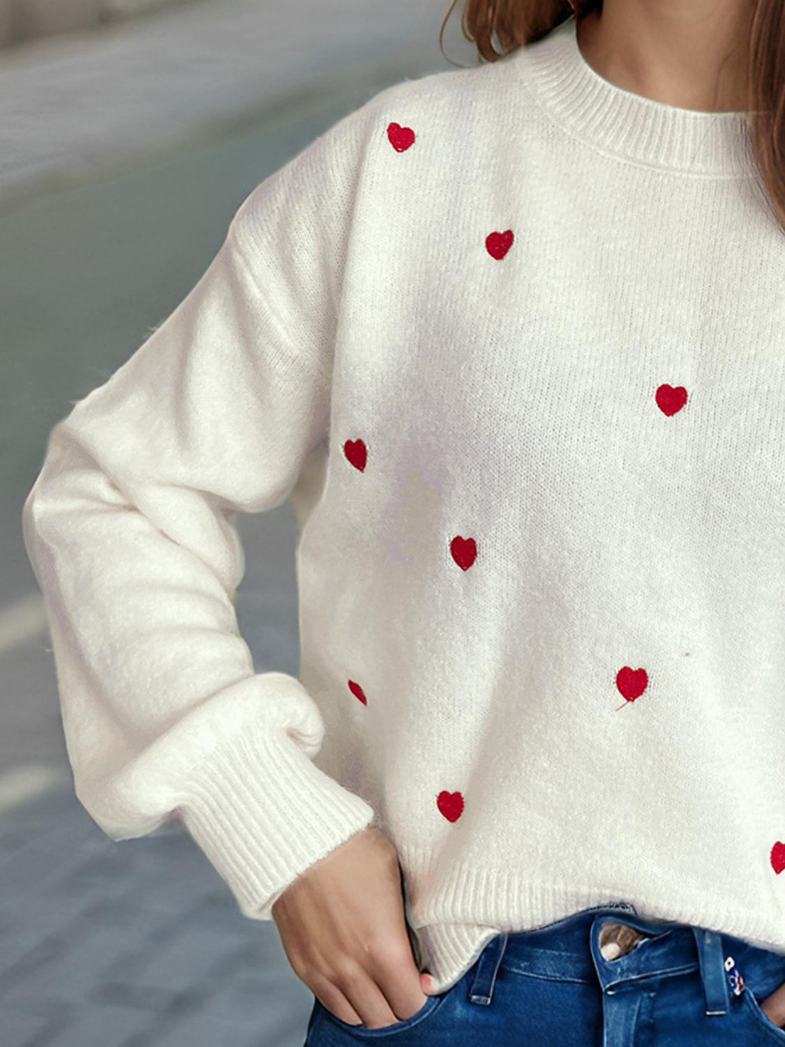 Heart Round Neck Long Sleeve Sweater - Sydney So Sweet