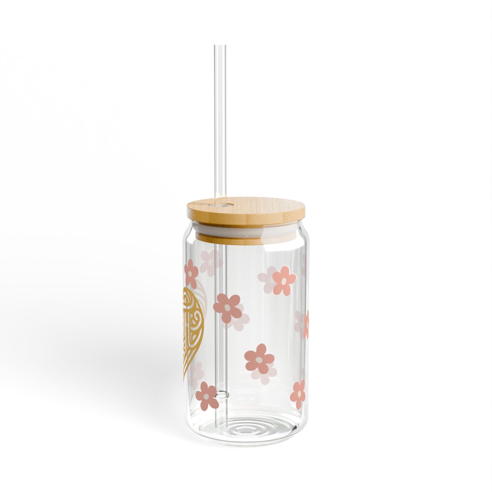 Faith Heart Floral Tumbler Sipper Glass 16oz — Reusable Drink Jar with Lid & Straw