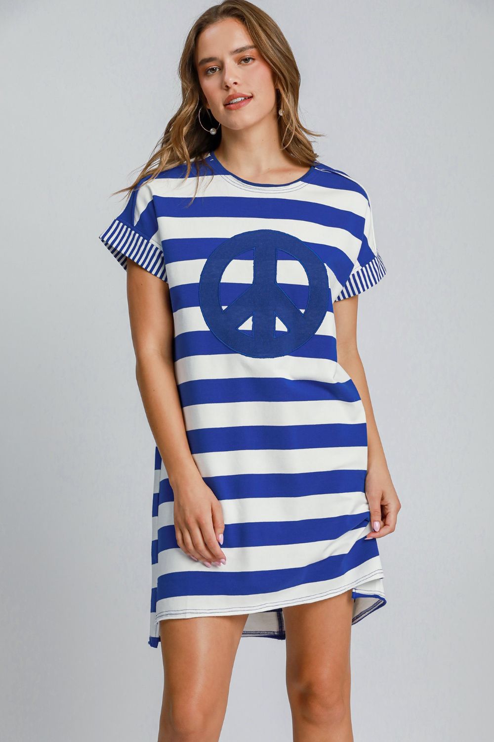 Umgee Peace Applique Striped Short Sleeve Mini Dress - Sydney So Sweet