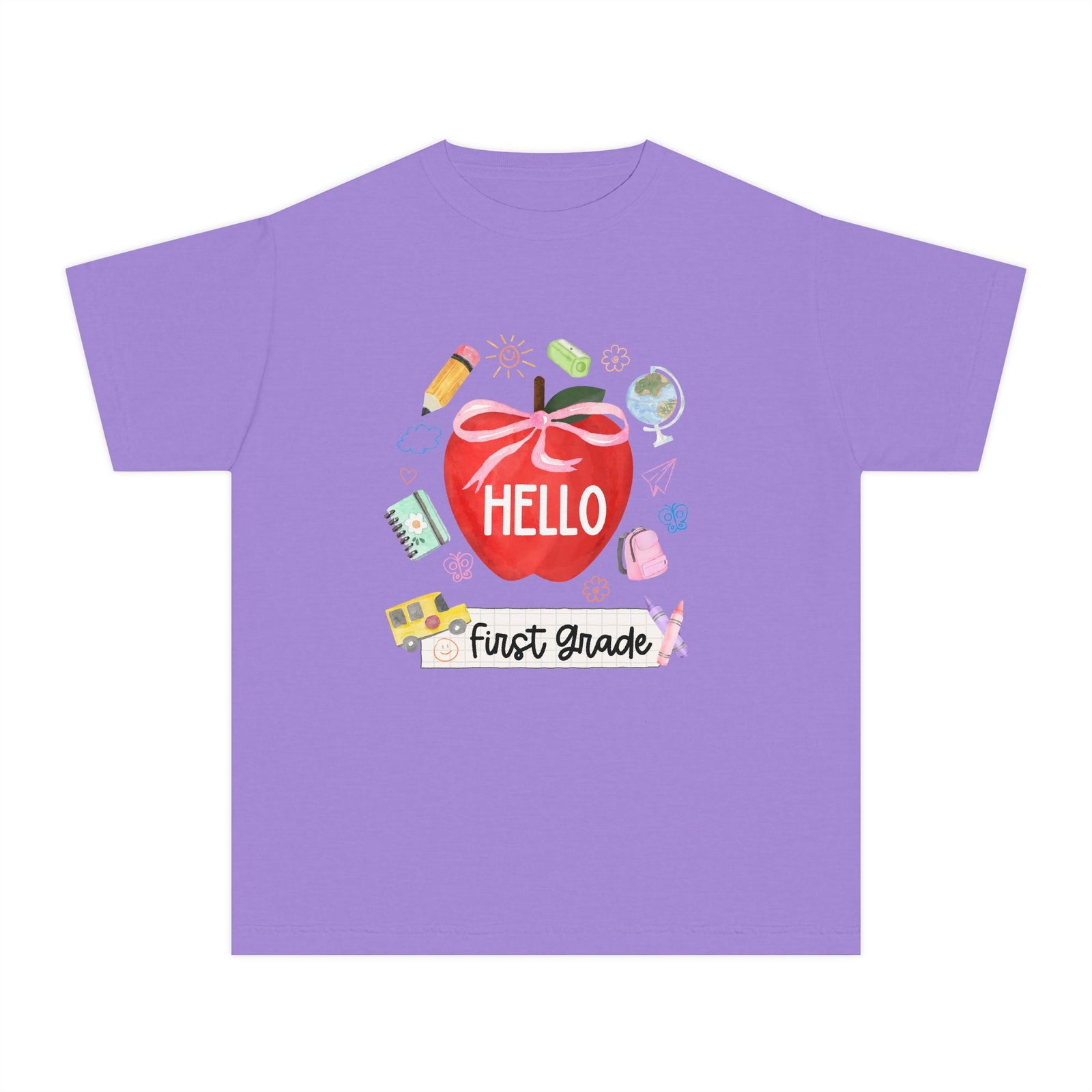 Hello First Grade Preppy Coquette Apple Graphic Tee Back to School 1st Grade T-Shirt