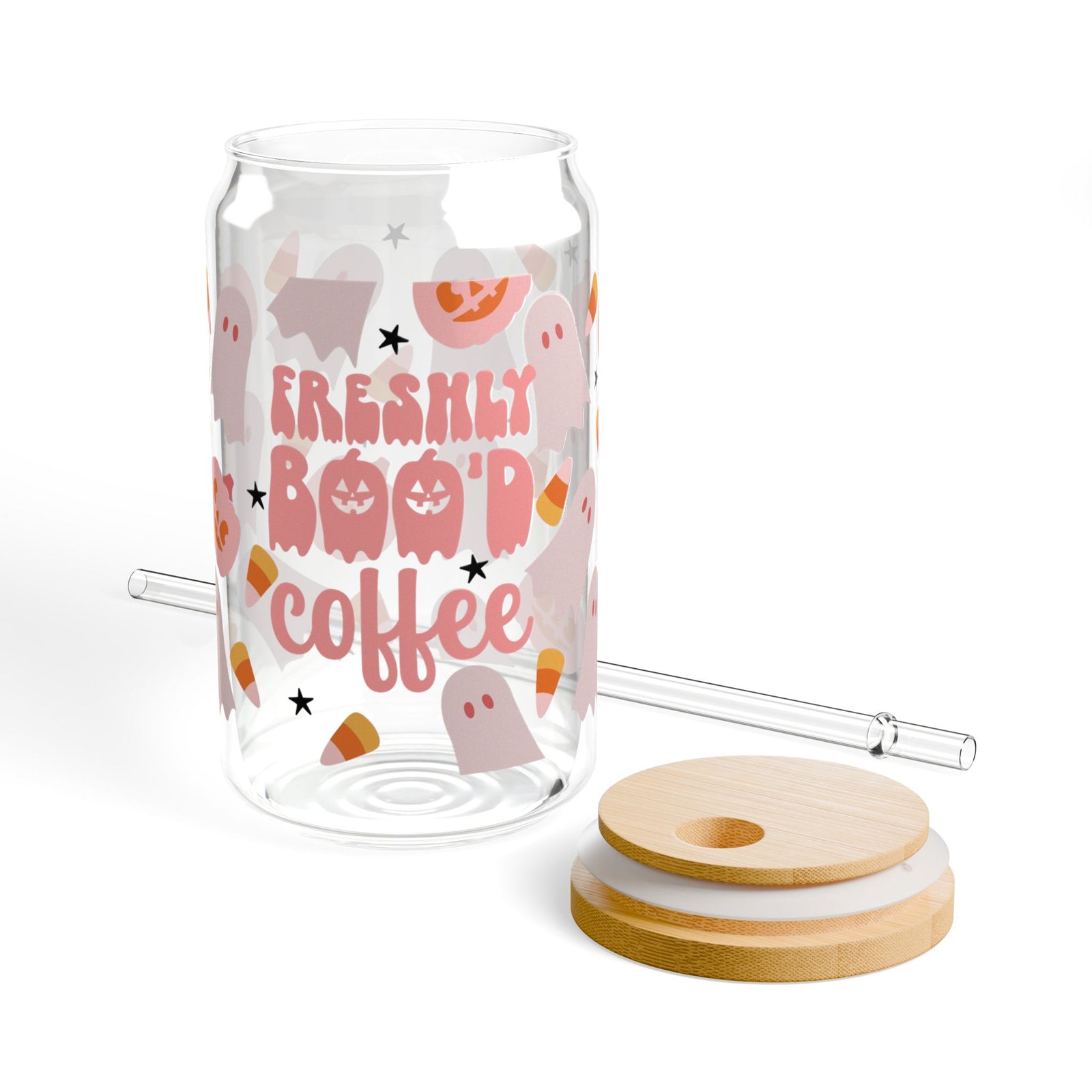 Freshly Boo'd Coffee"Cute Ghost & Candy Corn Sipper Glass 16oz Reusable Drink Jar with Lid & Straw