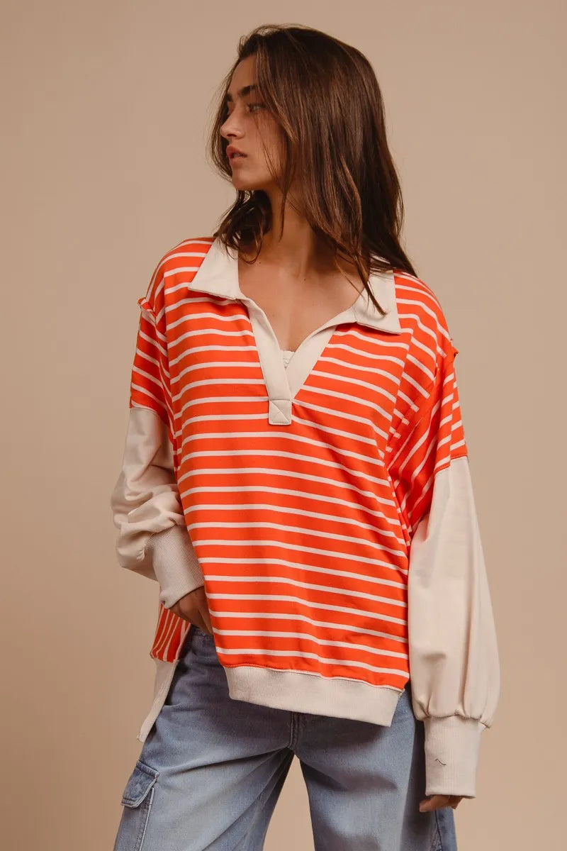 BiBi Stripe Knit Loose Fit Top With Cut Edge Detail - Sydney So Sweet