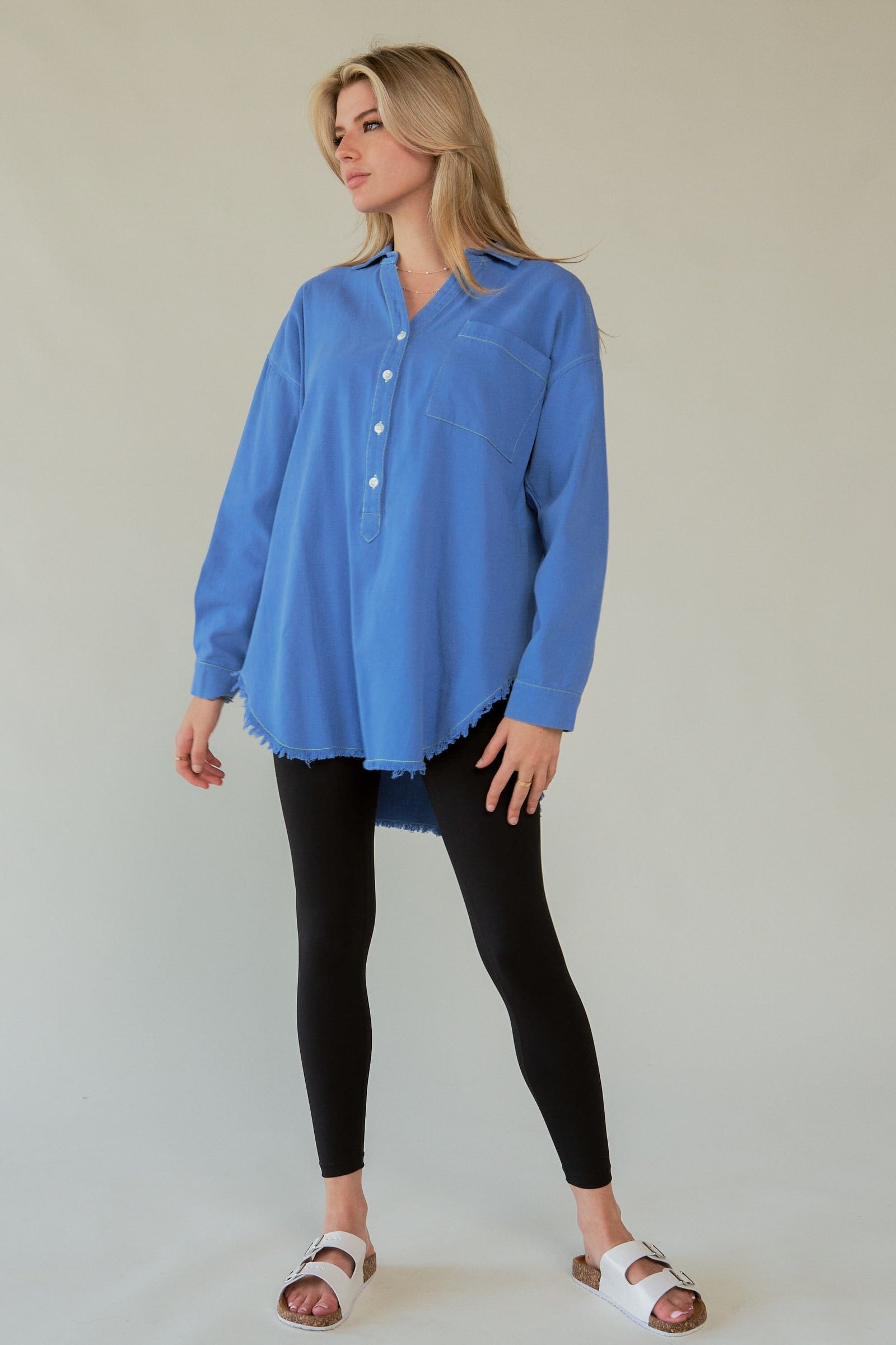 Davi & Dani Letter Back Raw Hem Half Button Shirt - Sydney So Sweet