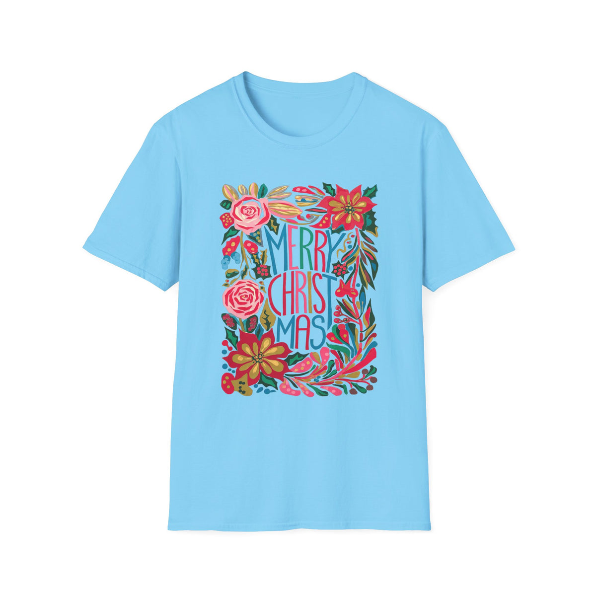 Merry Christmas Bright Holiday Florals Tee Graphic T-Shirt