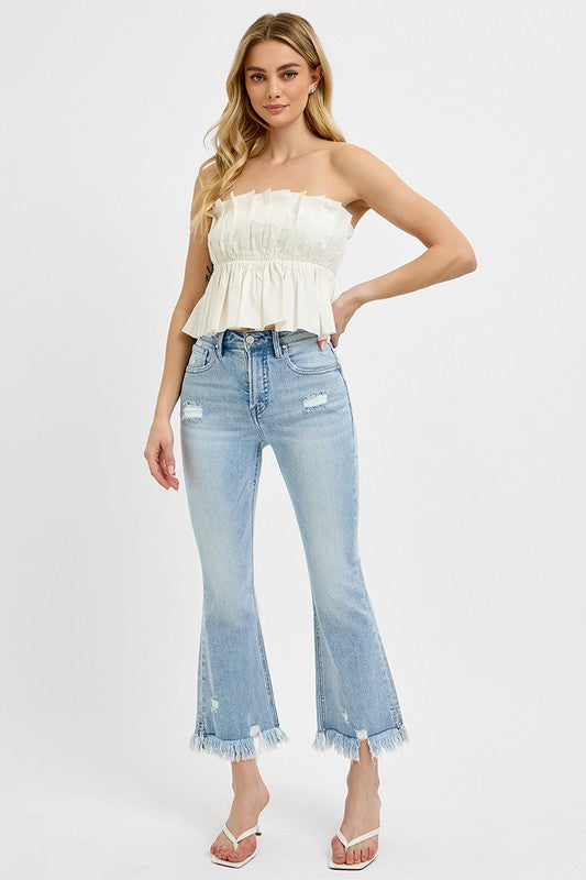 RISEN Full Size Raw Hem Distressed Cropped Flare Jeans Plus Size - Sydney So Sweet