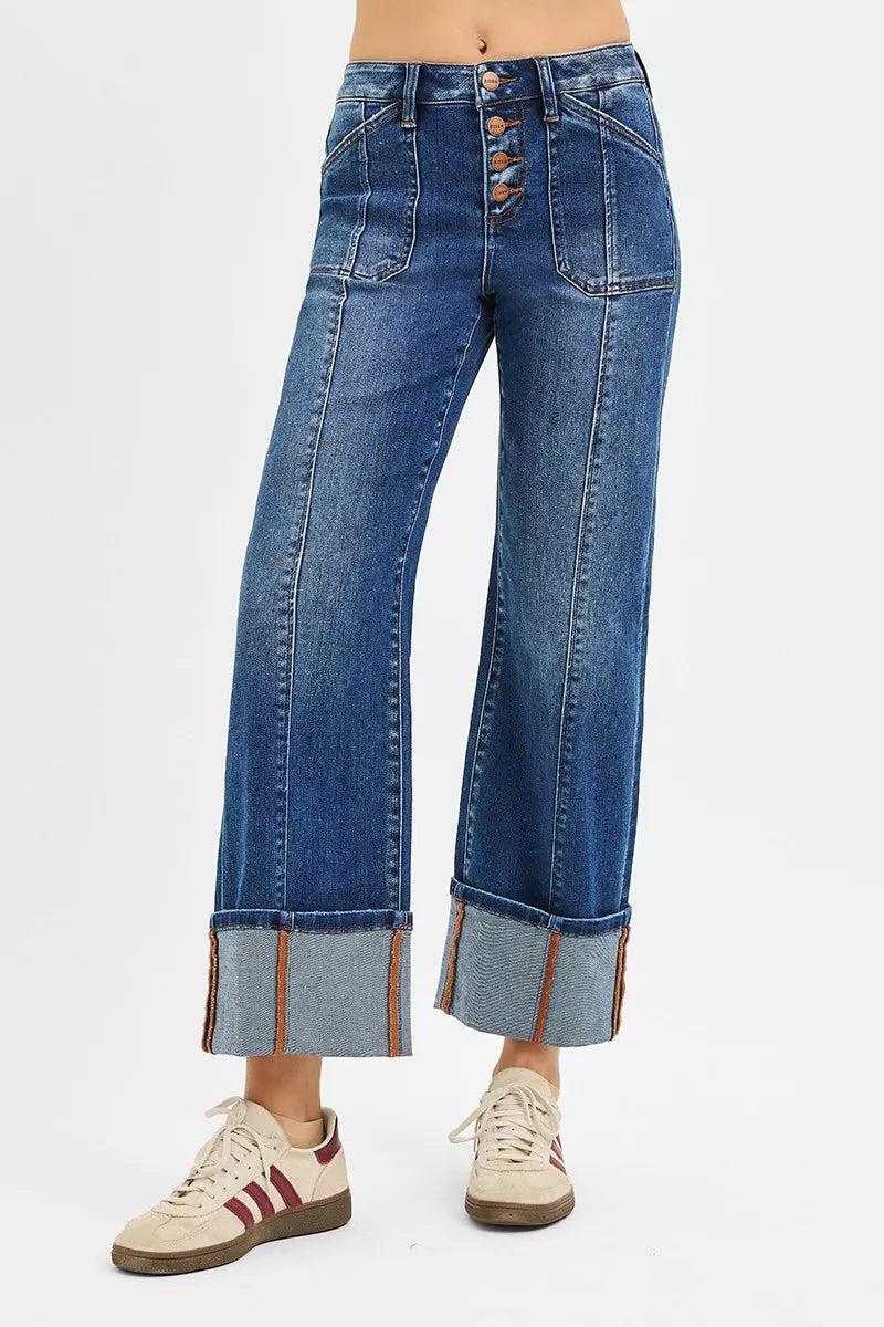 RISEN Full Size High Rise Crop Wide Straight Cuffed Jeans Plus Size - Sydney So Sweet