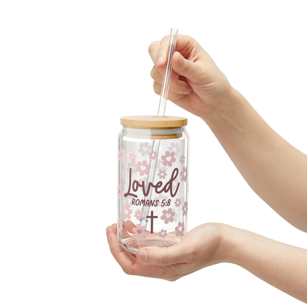 Loved Romans 5:8 Floral Christian Tumbler Sipper Glass 16oz — Reusable Drink Jar with Lid & Straw