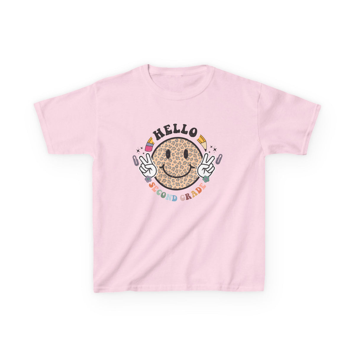 Second Grade Cheetah Smiley Face Graphic Tee Back-to-School 2nd Grade Kids T-Shirt