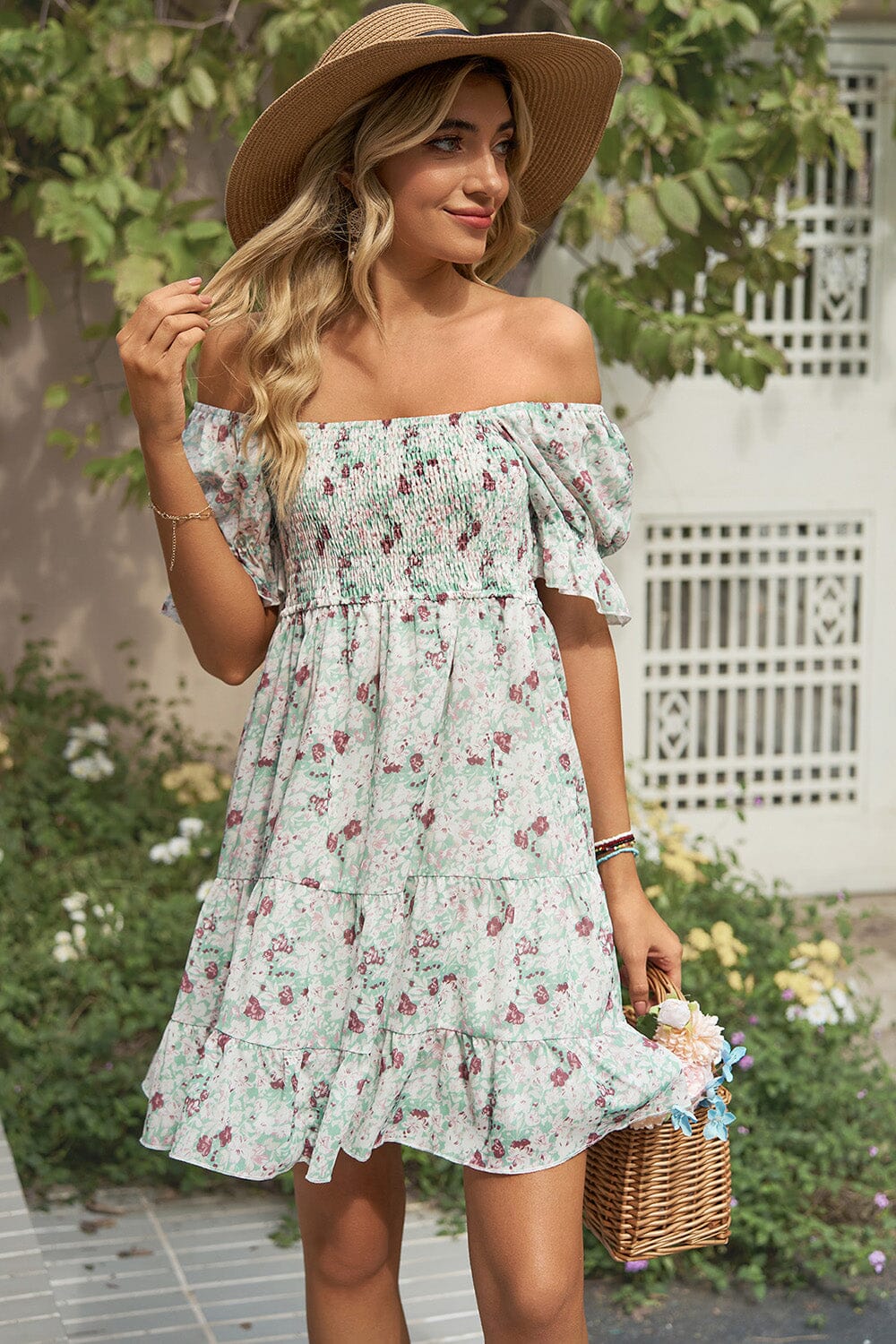 Smocked Printed Flounce Sleeve Mini Dress - Sydney So Sweet