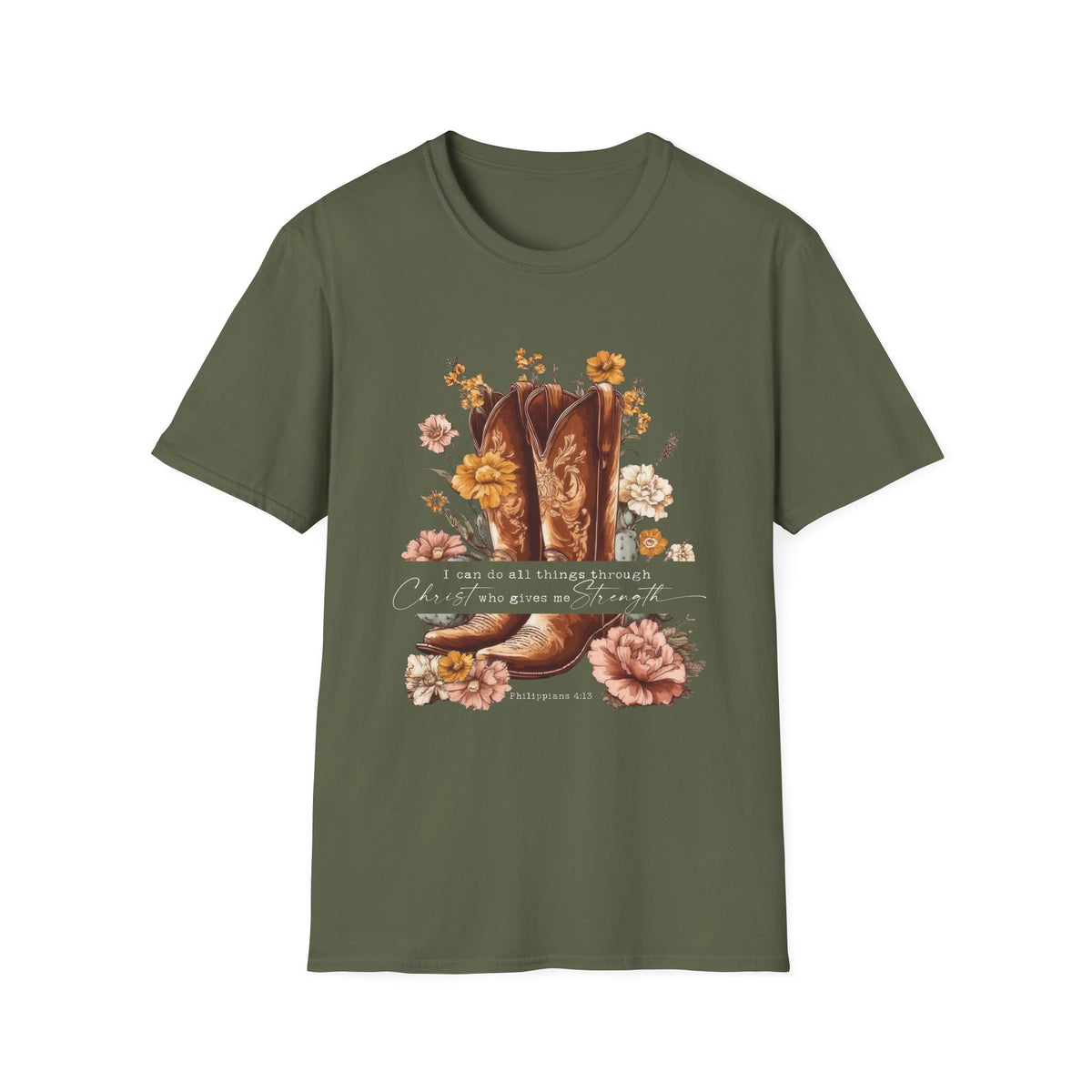 I Can Do All Things Through Christ Cowboy Boots Floral T-Shirt Western Boho Graphic Tee