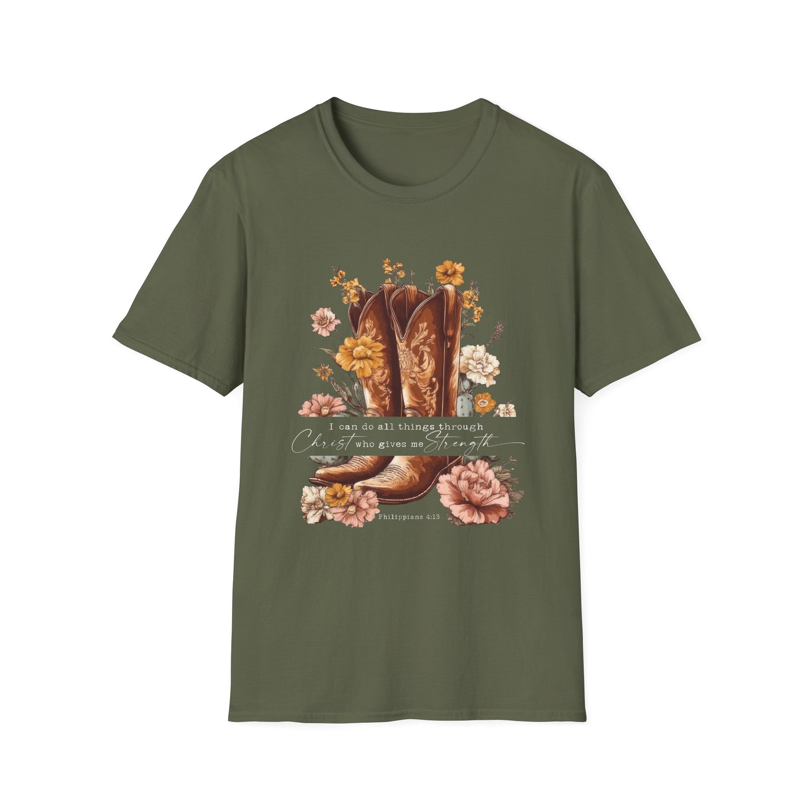 I Can Do All Things Through Christ Cowboy Boots Floral T-Shirt Western Boho Graphic Tee