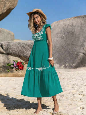 Embroidered Square Neck Cap Sleeve Dress - Sydney So Sweet