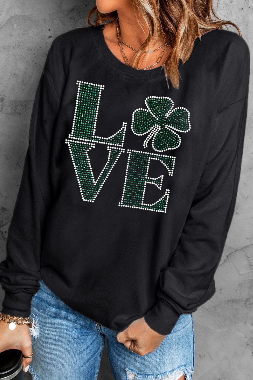 LOVE Rhinestone Clover Round Neck Sweatshirt - Sydney So Sweet