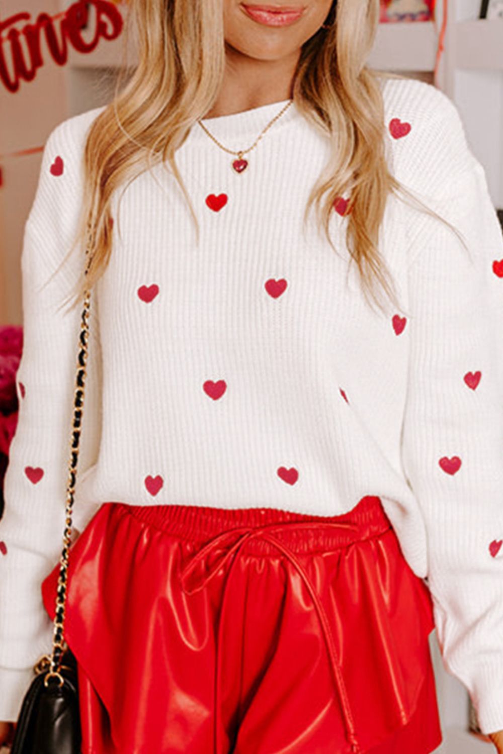 Heart Round Neck Long Sleeve Sweater - Sydney So Sweet