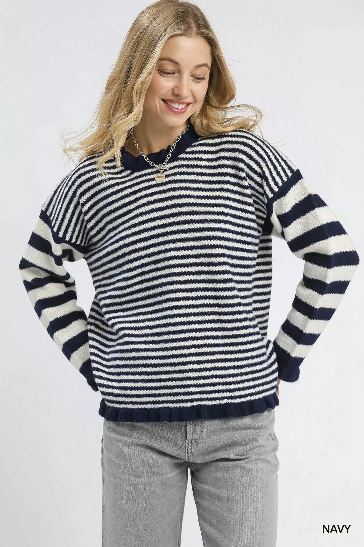 Umgee Ruffle Neck Stripe Sweater - Sydney So Sweet