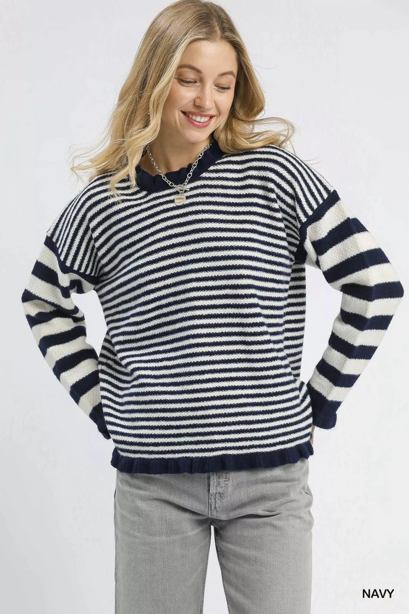 Umgee Ruffle Neck Stripe Sweater - Sydney So Sweet
