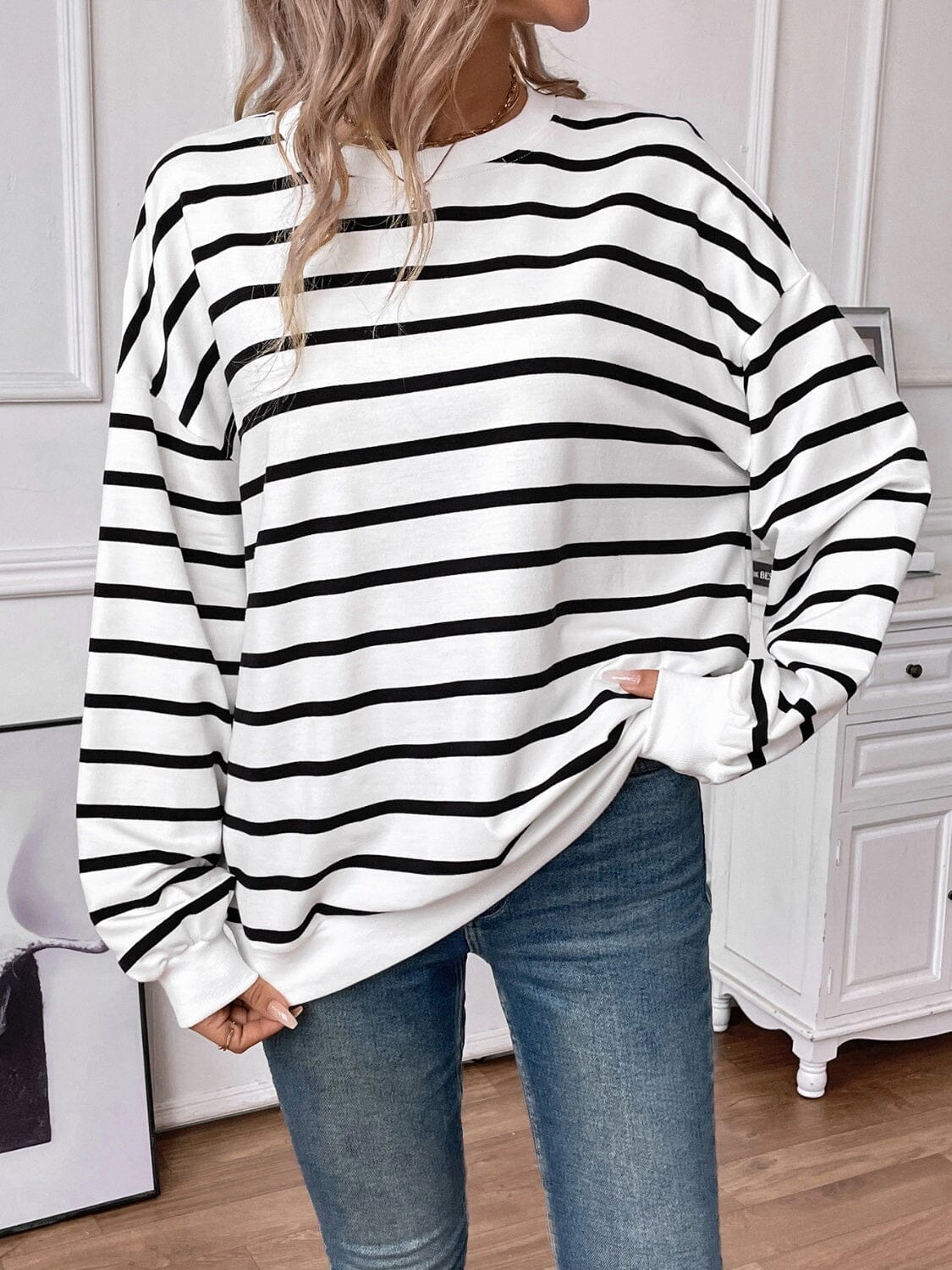 Striped Round Neck Long Sleeve Sweatshirt - Sydney So Sweet