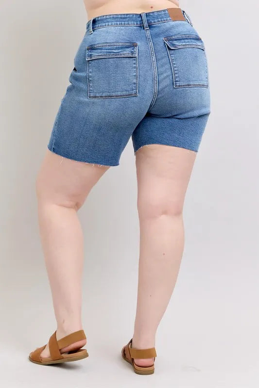Judy Blue Full Size Mid Rise Bermudas Denim Shorts W/ Back Flap Pockets Plus Size - Sydney So Sweet