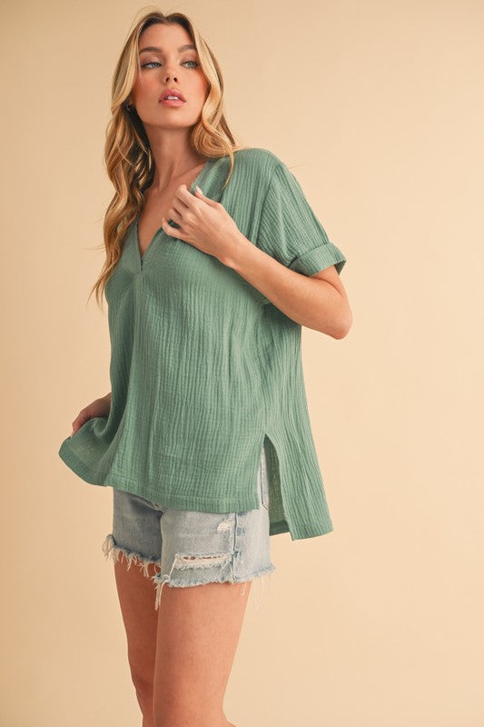 Aemi + Co Side Slit V-Neck Short Sleeve Blouse - Sydney So Sweet