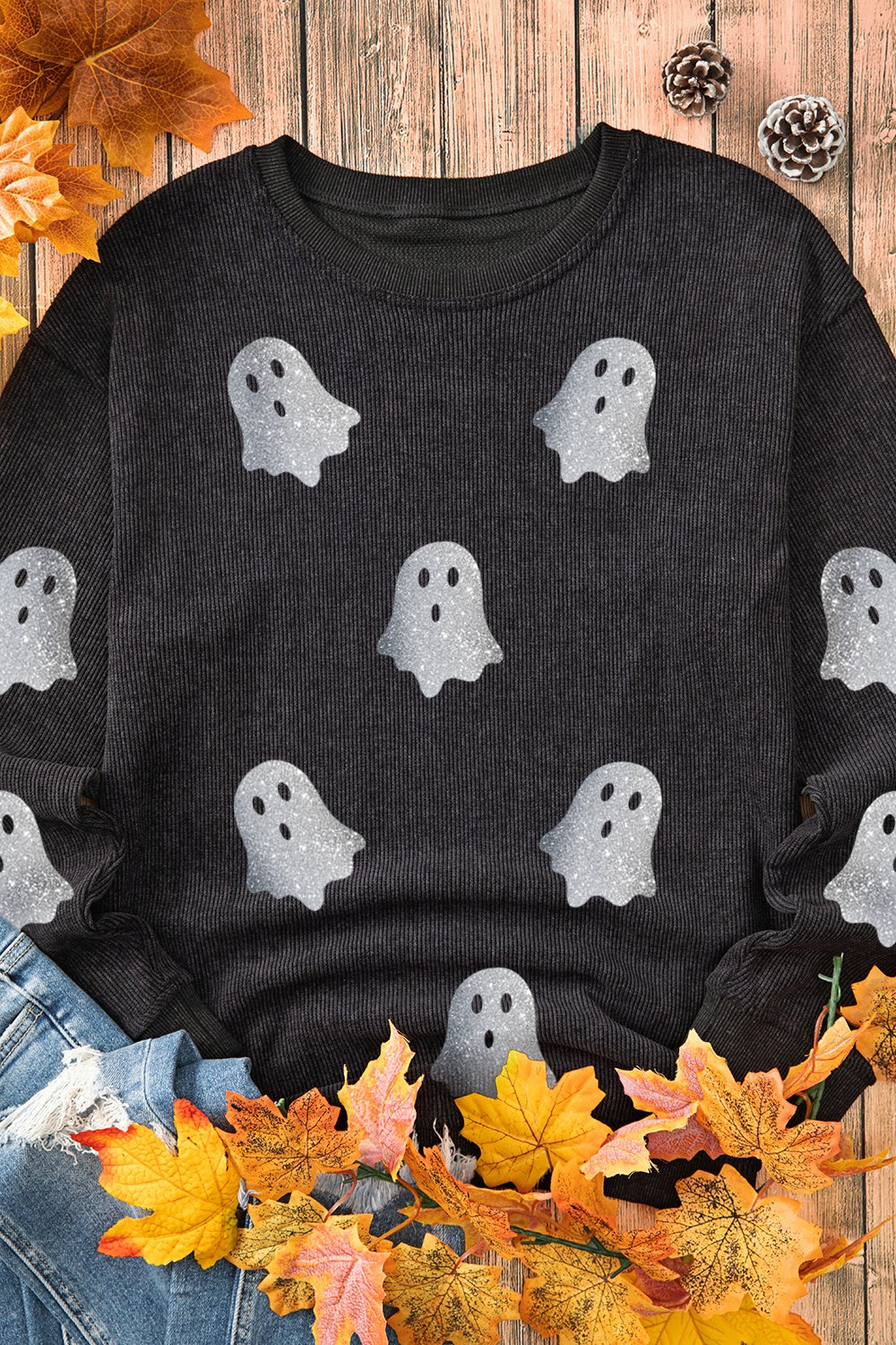 Glitter Ghost Round Neck Long Sleeve Sweatshirt - Sydney So Sweet