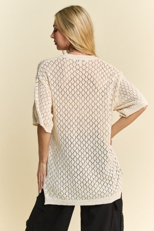 Davi & Dani Side Slit Openwork Round Neck Half Sleeve Knit Cover Up - Sydney So Sweet