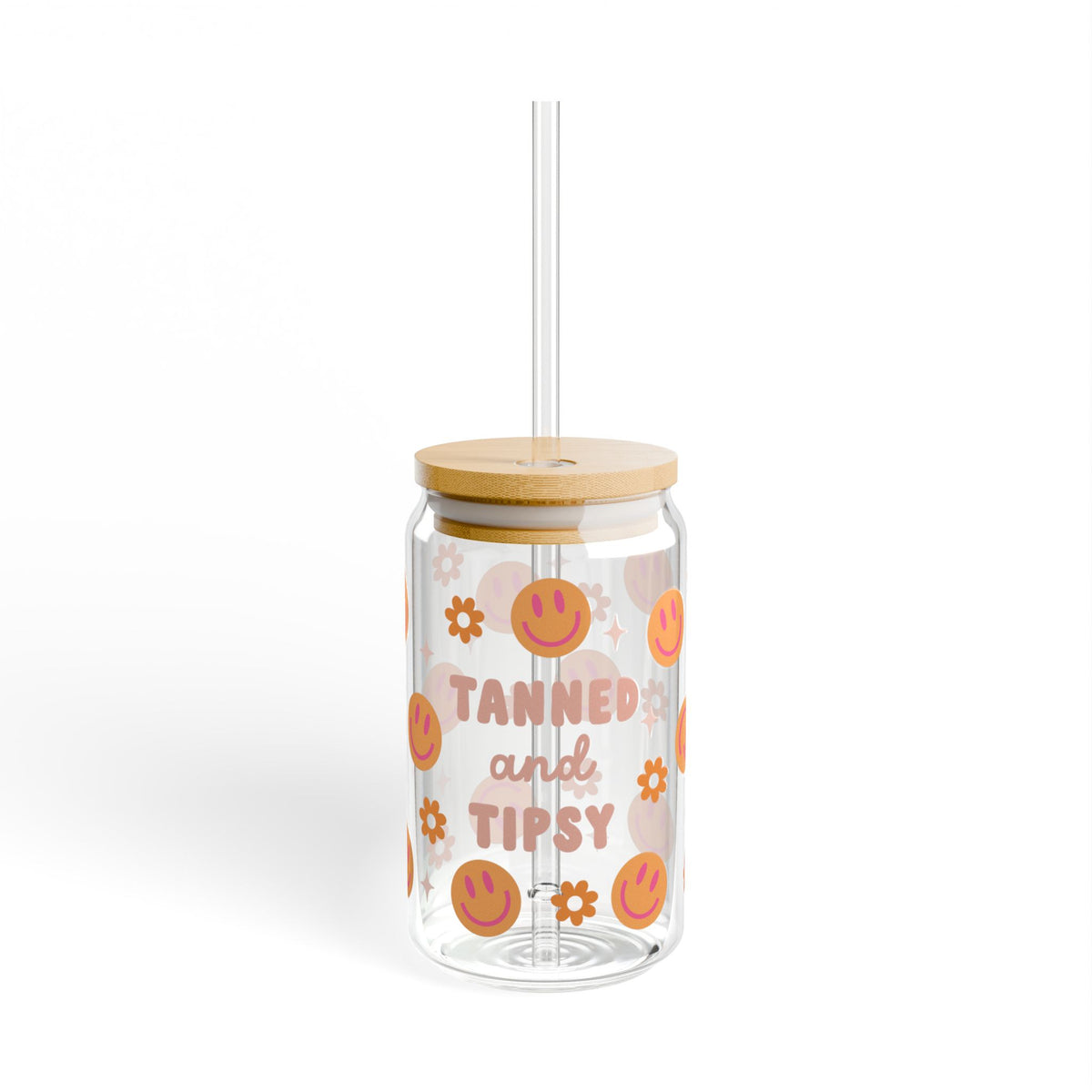 Tanned & Tipsy Tumbler Sipper Glass 16oz — Reusable Drink Jar with Lid & Straw
