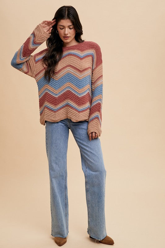 Annie Wear Multi Color Zig-Zag Round Neck Sweater - Sydney So Sweet