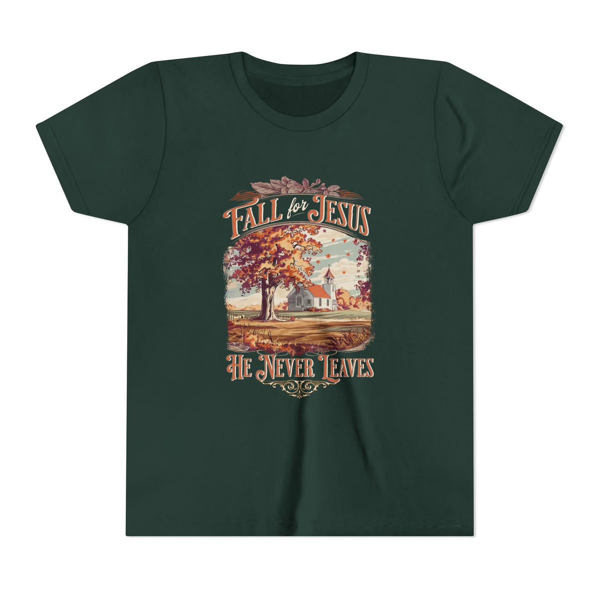 Fall for Jesus Kids T-Shirt He Never Leaves Youth Christian Graphic Tee