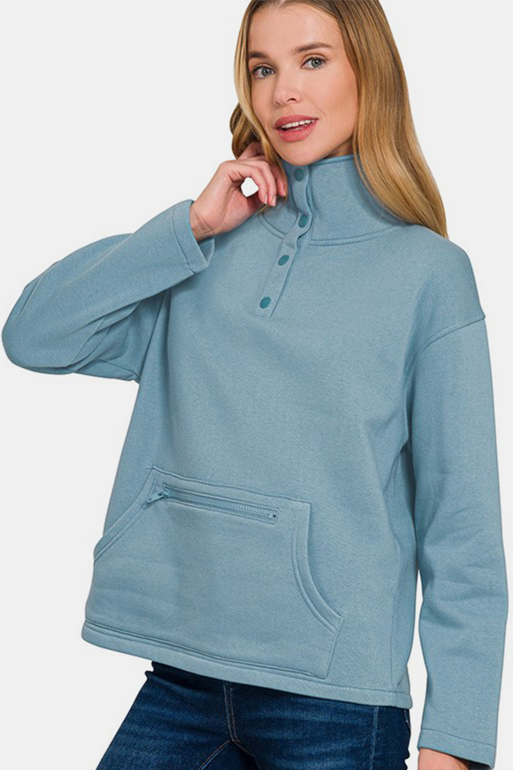 Zenana Turtleneck Half Snap Fleece Sweatshirt - Sydney So Sweet