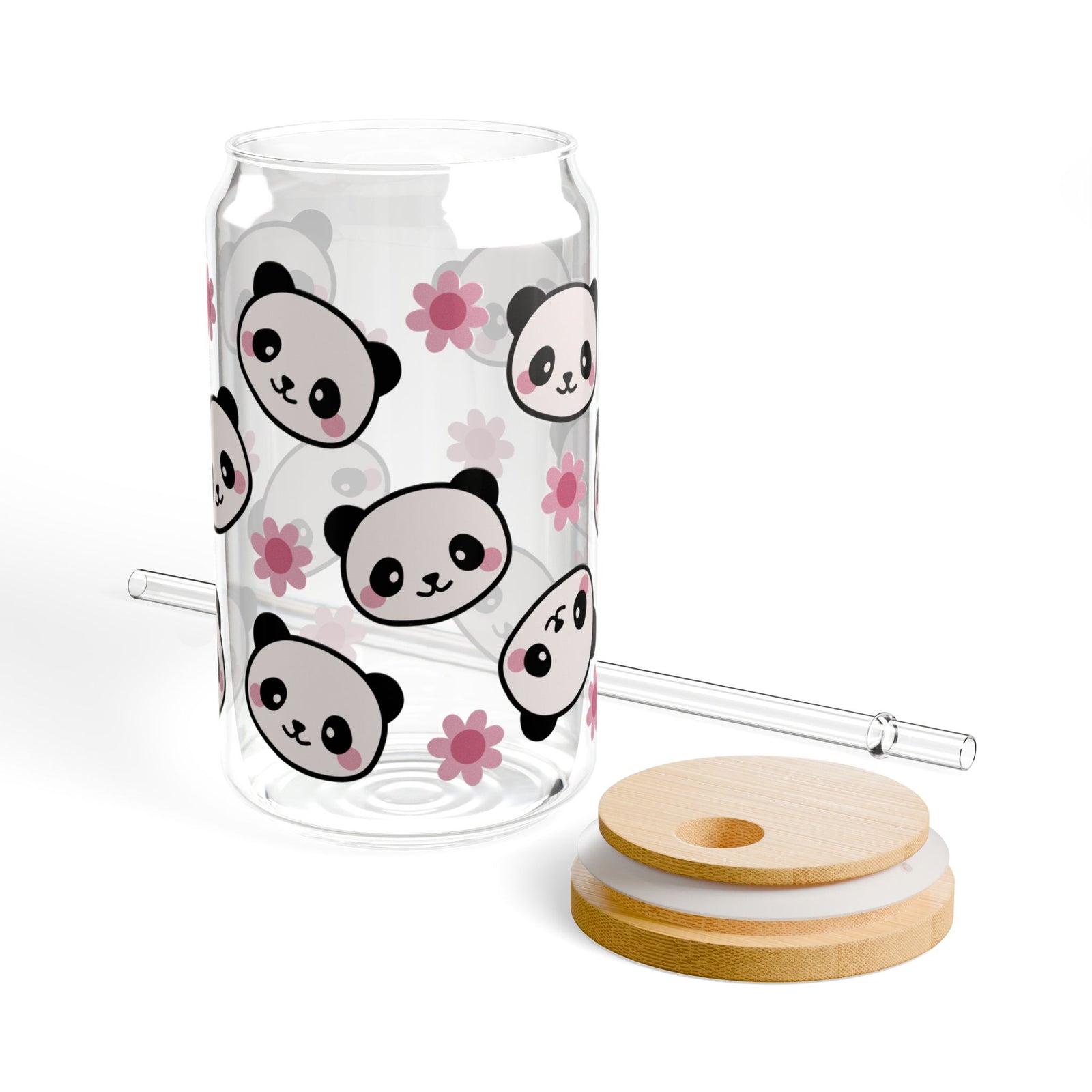 Panda Blossom Tumbler Sipper Glass 16oz — Reusable Drink Jar with Lid & Straw - Sydney So Sweet