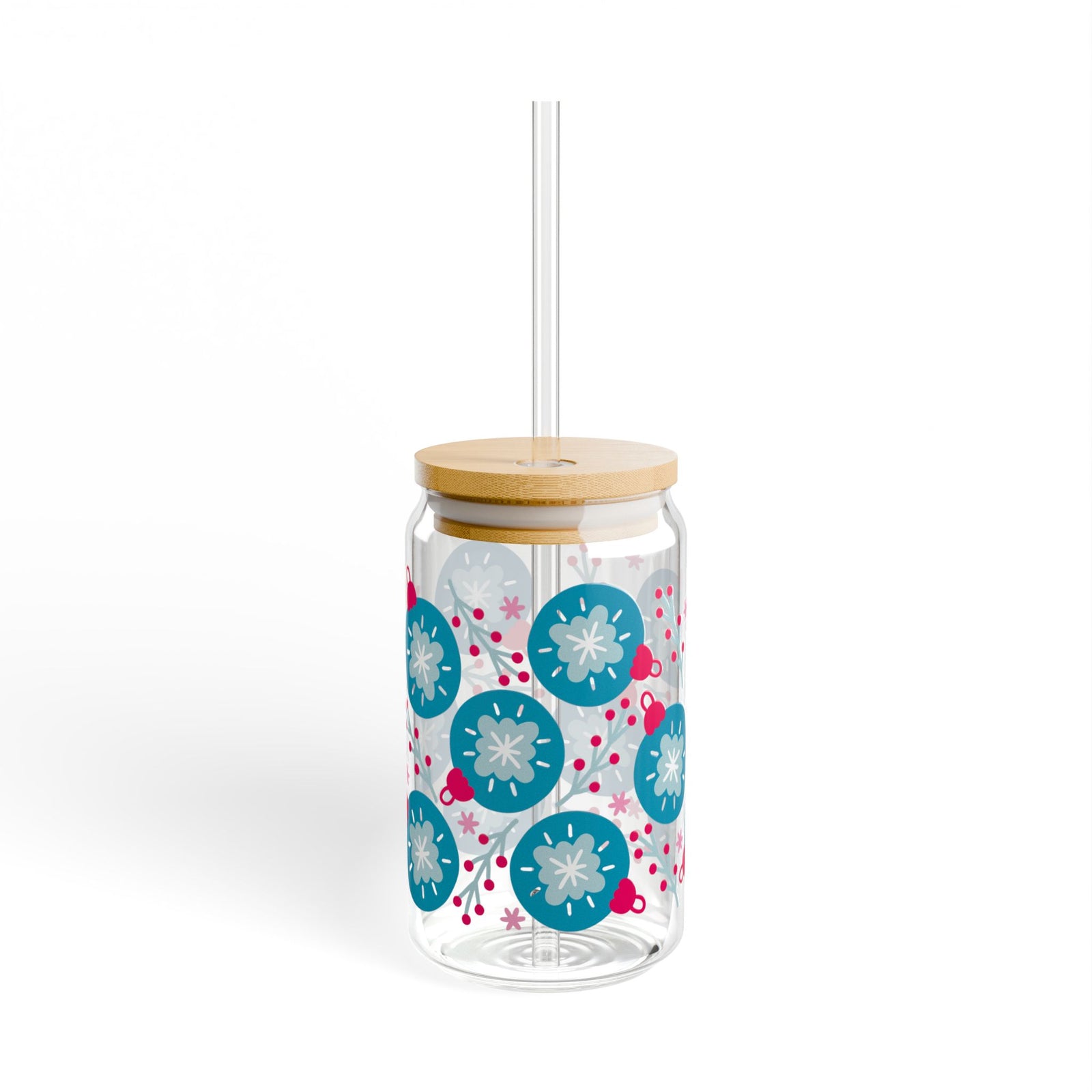 Opulent Ornaments Christmas Sipper Glass 16oz Reusable Drink Jar with Lid & Straw