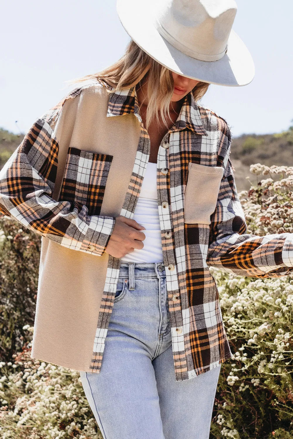 Pocketed Plaid Collared Neck Dropped Shoulder Shacket - Sydney So Sweet