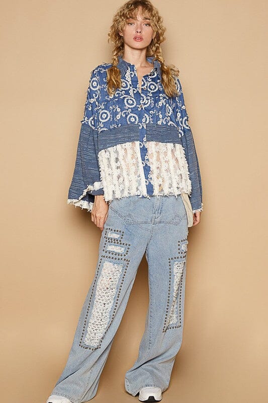 POL Lace Hem Embroidered Long Sleeve Shirt - Sydney So Sweet