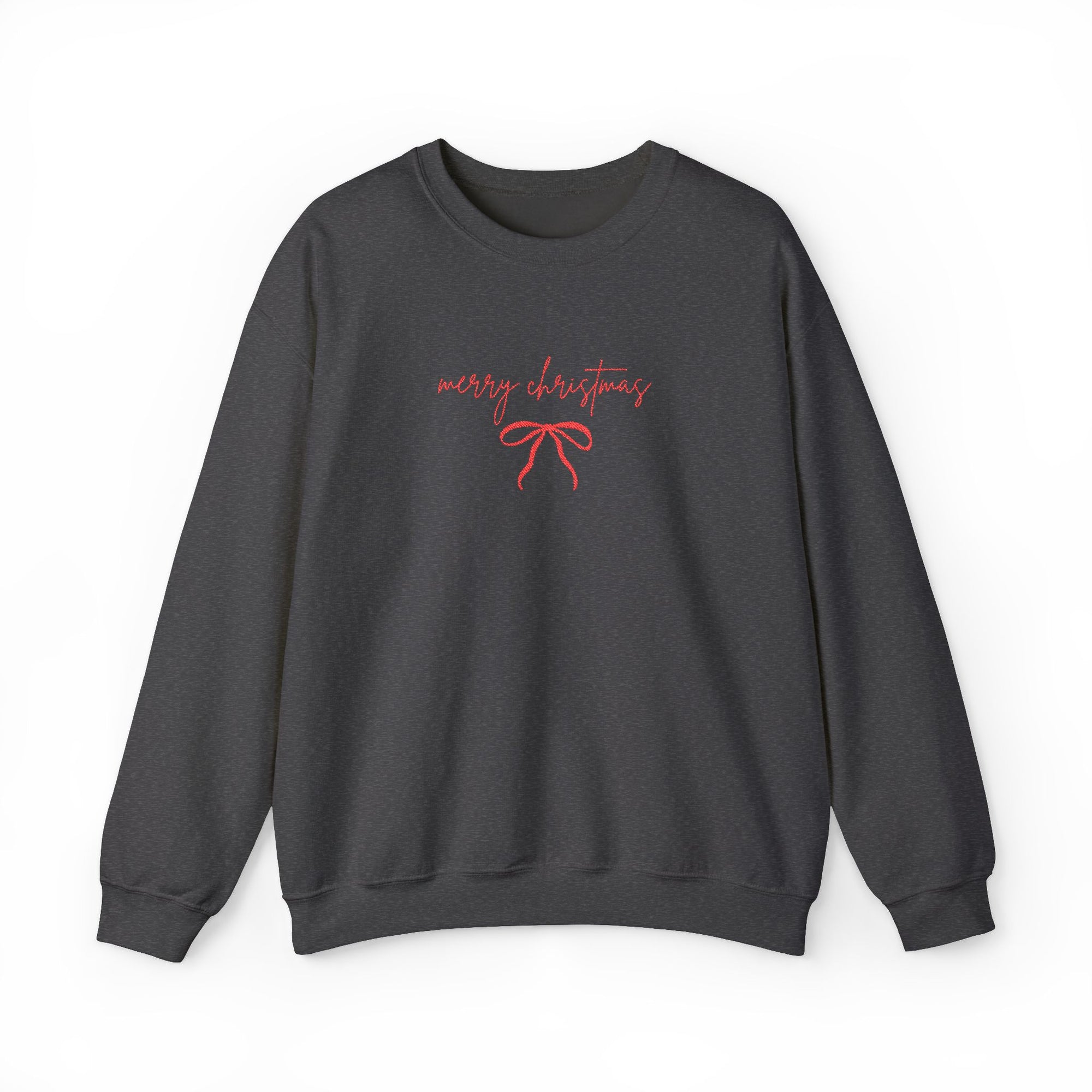 Red Bow Merry Christmas Script Heavy Blend Women's Crewneck Embroidered Holiday Sweatshirt - Sydney So Sweet