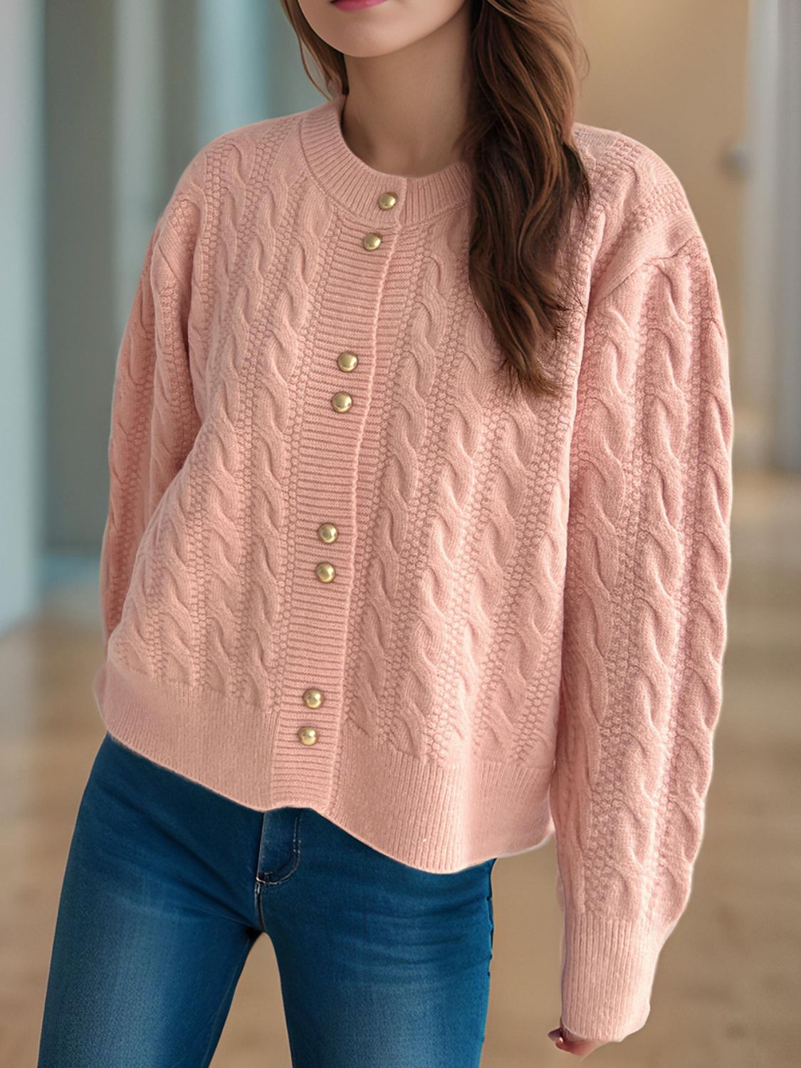 Cable-Knit Round Neck Long Sleeve Cardigan - Sydney So Sweet