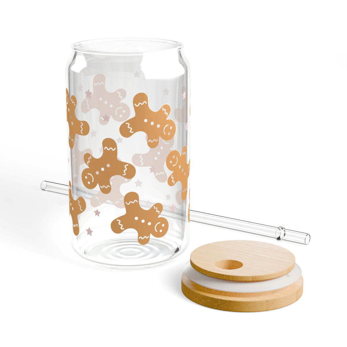 Christmas Gingerbread Cookies Sipper Glass 16oz Reusable Drink Jar with Lid & Straw