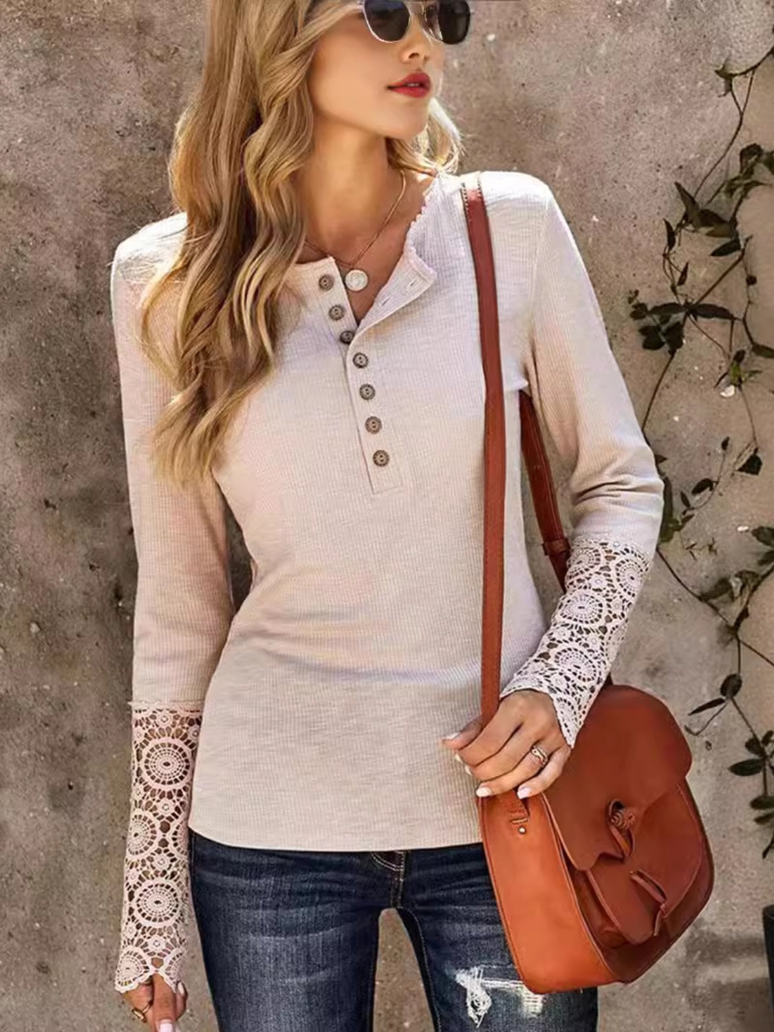 Lace Detail Half Button Round Neck Long Sleeve T-Shirt - Sydney So Sweet