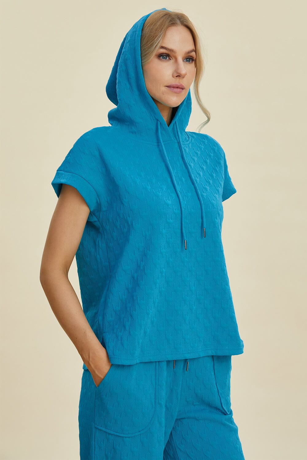 Double Take Full Size Texture Drawstring Short Sleeve Hoodie and Pocketed Pants Set - Sydney So Sweet