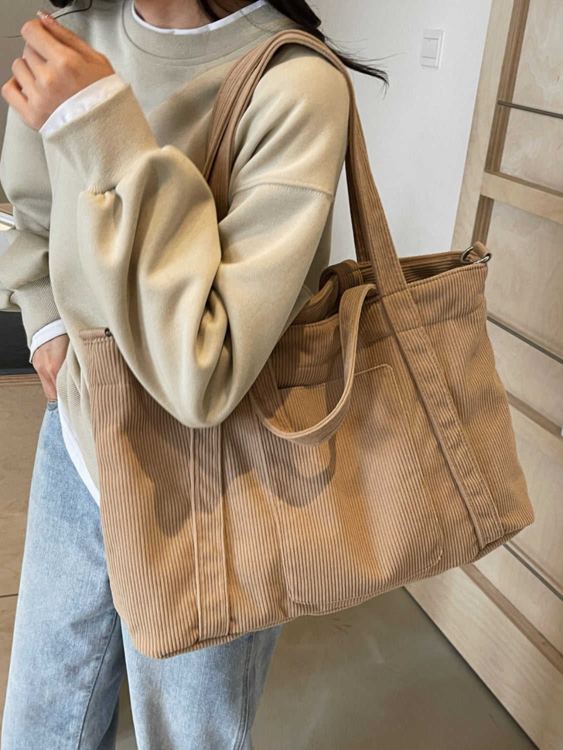 Corduroy Solid Large Tote Bag - Sydney So Sweet