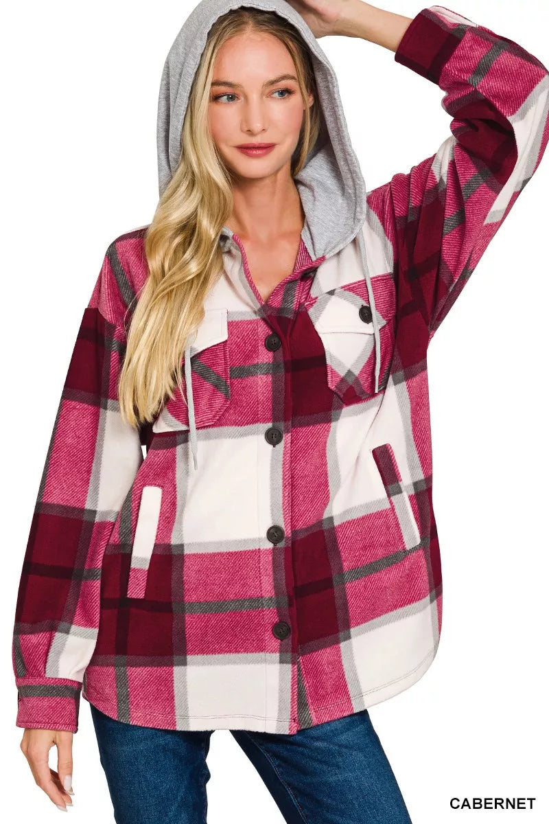 Zenana Plaid Drawstring Hooded Fleece Shacket - Sydney So Sweet