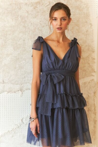 ADORA Tie Shoulder Polka Dot Mesh Dress - Sydney So Sweet