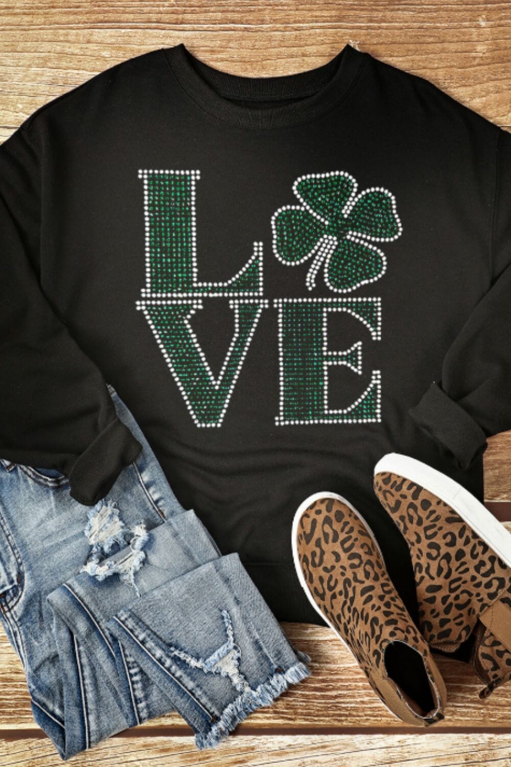 LOVE Rhinestone Clover Round Neck Sweatshirt - Sydney So Sweet