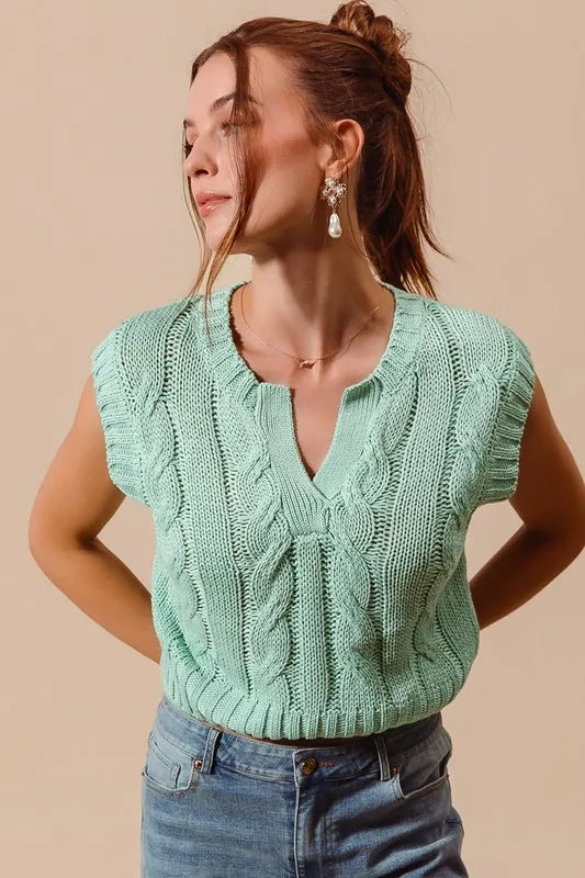 SO ME Notched Neck Cable Knit Sweater Vest - Sydney So Sweet