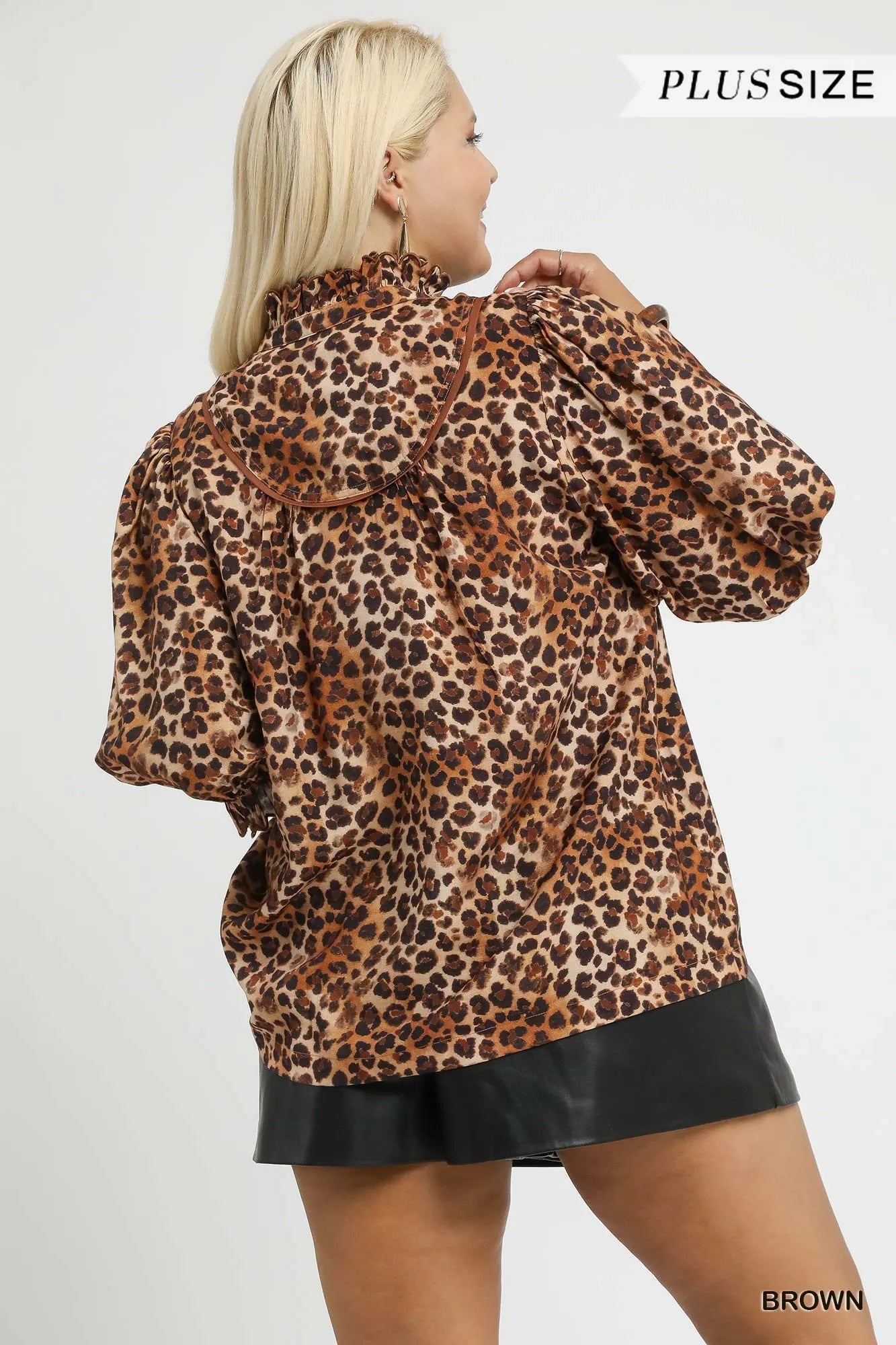 Umgee Full Size Leopard Print Ruffle Neck Blouse Plus Size - Sydney So Sweet